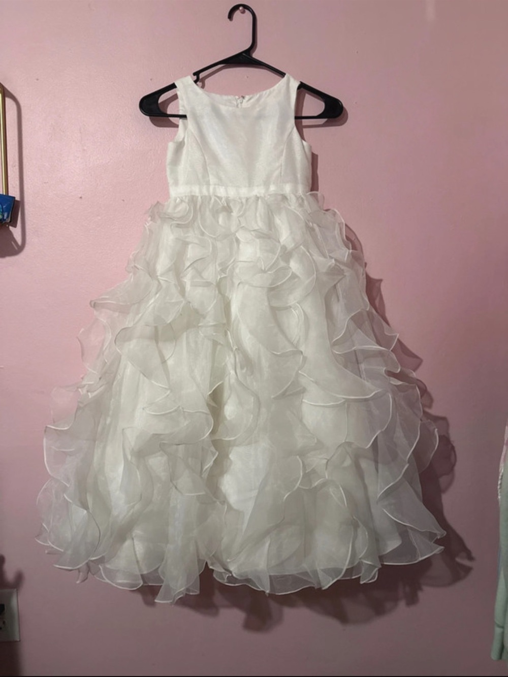 David's Bridal White Ruffled Organza Flower Girl Gown